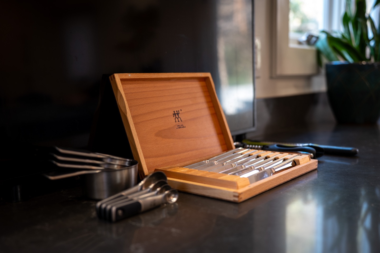 Premium knife set detail on kitchen counter